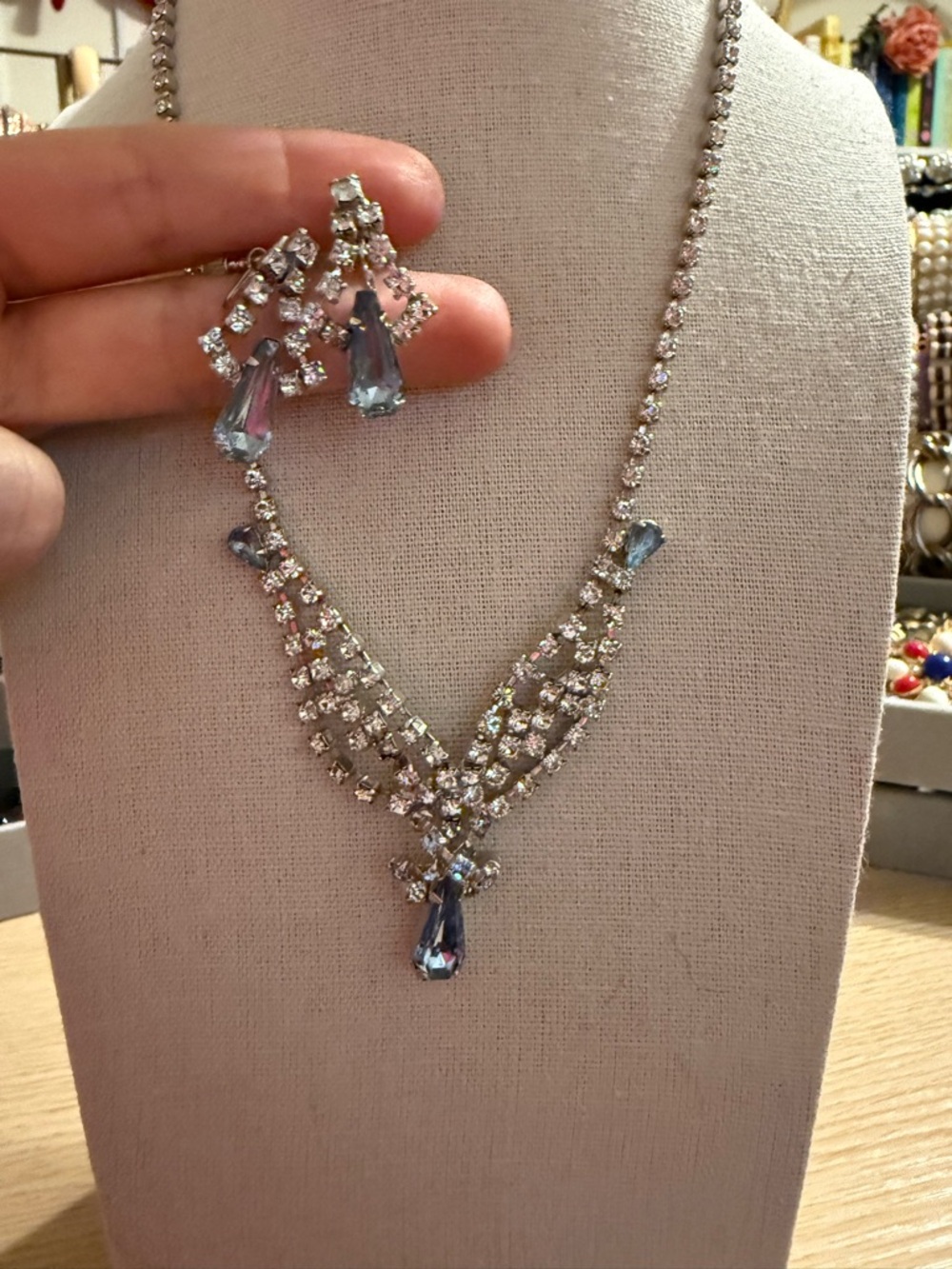 Vintage Silver Tone Blue Rhinestone Bib Necklace and Screw Back Earrings Set